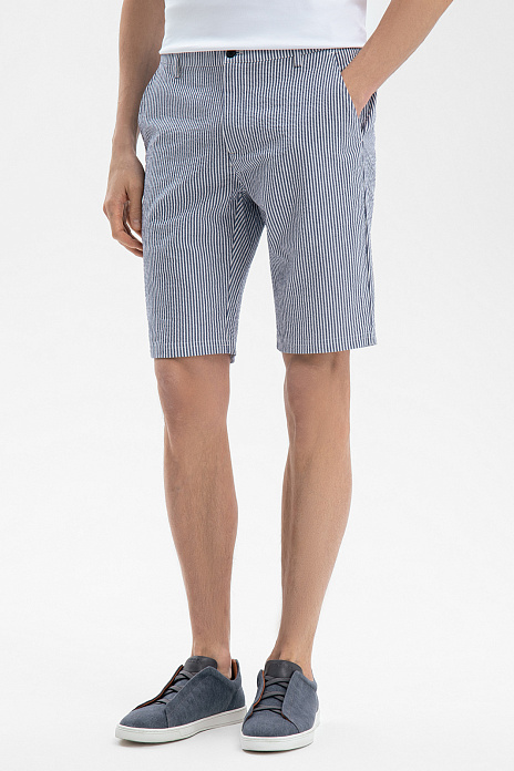 Шорты-бермуды из хлопка и льна в полоску, цвет Синий темный